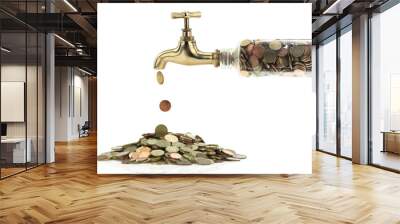 Money coins fall out of the golden tap Wall mural