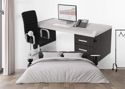 Office desk with equipment and black chair on white background Wall mural