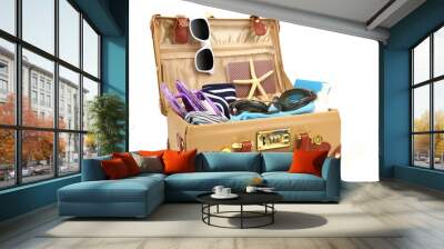 ready to travel open suitcase with summer equipment isolated Wall mural