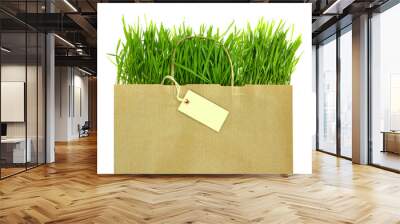 Recycled grocery bag with full of fresh green grass Wall mural