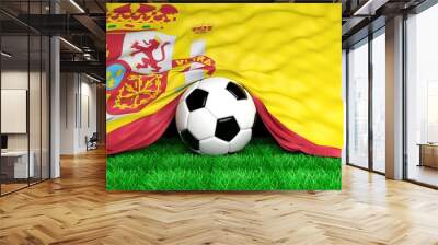 Soccer ball with Spanish flag on football field closeup Wall mural