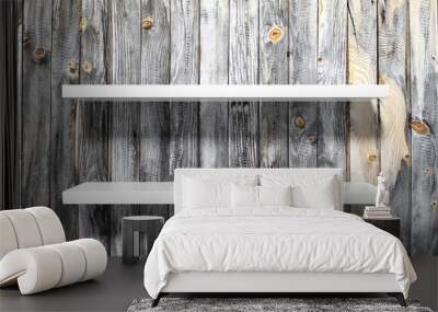 Two empty white wall shelves on old planked wall. Wall mural