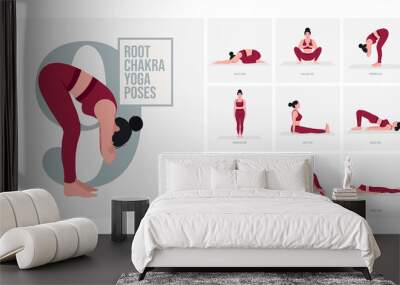 Root Chakra Yoga poses. Young woman practicing Yoga pose. Woman workout fitness, aerobic and exercises. Vector Illustration. Wall mural