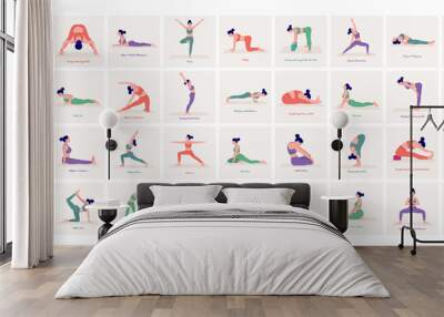 Yoga Poses Set. Young woman practicing Yoga pose. Woman workout fitness, aerobic and exercises. Vector Illustration.	 Wall mural