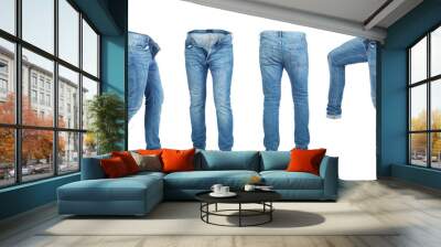 Blank empty jeans pants leftside, rightside, frontside and backside in moving isolated on a white background Wall mural