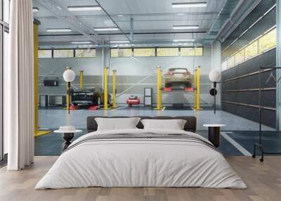 Garage interior with car equipment. 3d illustration Wall mural