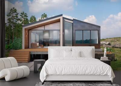 Luxury modular house exterior. 3d illustration Wall mural