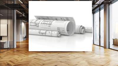 paper blueprints in rolls isolated 3d illustration Wall mural