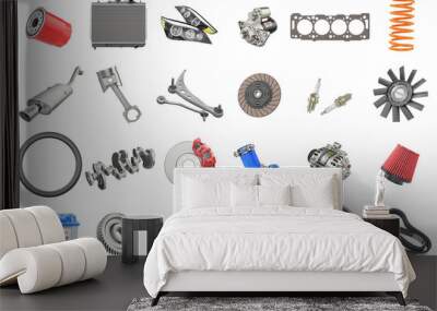 Set of auto parts isolation on a white background. 3d illustration Wall mural