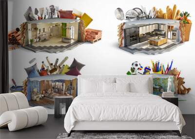 Set of bathroom, kitchen, bedroom and children room interiors and them stuff, 3d illustration Wall mural