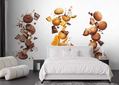 Set of chocolate chip cookies with chocolate splash on a white background. Cookies with oranges and nuts Wall mural