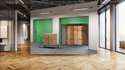 storage hall with open storages door and wheelbarrow with boxes 3d illustration Wall mural