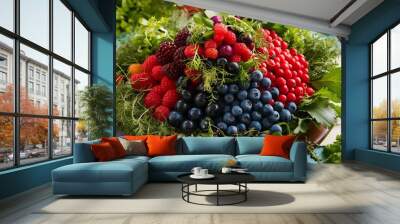 Selection of different drinking vinegars berries with herbs Wall mural