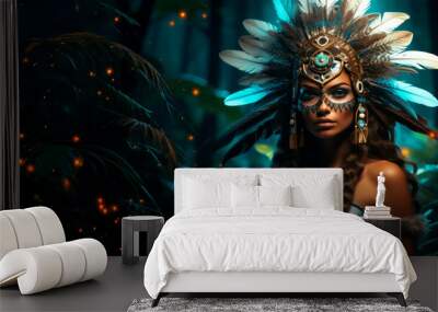 A beautiful girl warrior from an Indian tribe wearing a feather headdress and an ornament on her neck. America's Mystical Carnival. Banner design with copy space Wall mural