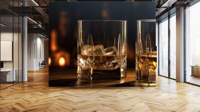 A two glass of whiskey with ice and a Cuban cigar on a wooden table on a dark background. Men's club banner idea. Copy space for text Wall mural