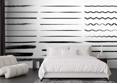 Set of wavy horizontal lines. Marker hand-drawn line border set and scribble design elements. Lines hand drawn paint brush stroke. Vector set isolated on white. Hand drawn scribble.Black ink texture Wall mural