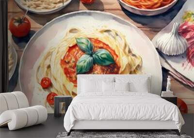 collection of delicious Italian pasta in watercolor painting style Wall mural