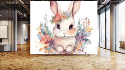 Illustration of a watercolor painting featuring a cute rabbit adorned with flowers on its head, Generative AI Wall mural