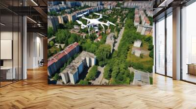 Light weight drone with four propellers flying under city. Military technology, buildings, civilian town, blue summer sky Wall mural