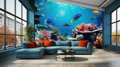 Fish in the water, coral reef, underwater life, various fish and exotic coral reefs Wall mural