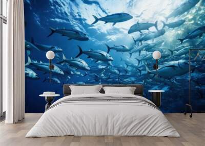 Groups of giant Tuna fish in the underwater, coral reef, amazing underwater life, various fish and exotic coral reefs, ocean wild creatures background Wall mural