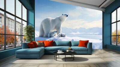 Mother and baby polar bears relax walks in extreme winter weather, polar bears family standing above snow with a view of the frost mountains Wall mural