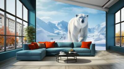 Polar bears walks in extreme winter weather, standing above snow with a view of the frost mountains Wall mural