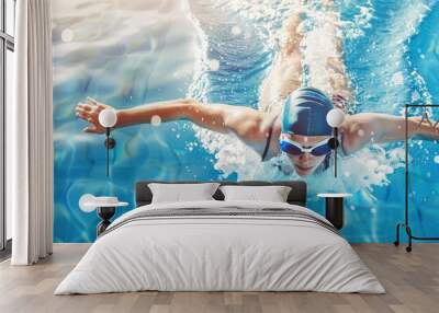 Professional Female swimming Athlete in action front angle view under and over water, aerobic swimmer, proudly represent and wearing the United States flag pattern on head covering and swim goggles Wall mural