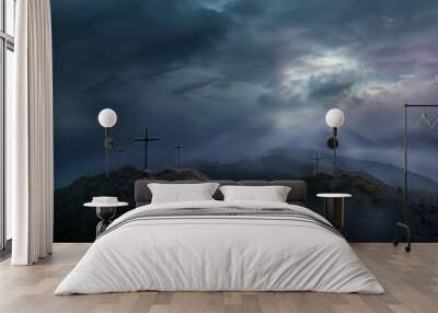 The Christian themed on a background with dramatic at dawn, with a beautiful sea of ​​clouds, dark clouds and sky and sunbeams Wall mural