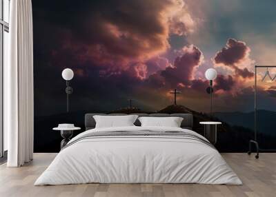 The Christian themed on a background with dramatic at dawn, with a beautiful sea of ​​clouds, dark clouds and sky and sunbeams Wall mural