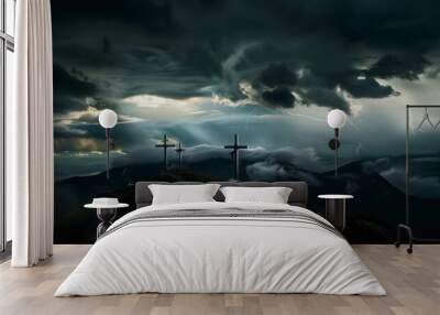 The Christianity themed on a background with dramatic at dawn, the spirit of preaching the Gospel throughout the world. A beautiful sea of ​​clouds, dark clouds and sky and sunbeams Wall mural