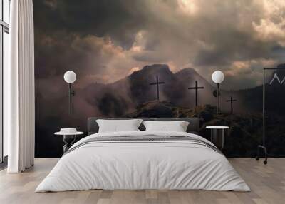 The Christianity themed on a background with dramatic at dawn, the spirit of preaching the Gospel throughout the world. A beautiful sea of ​​clouds, dark clouds and sky and sunbeams Wall mural