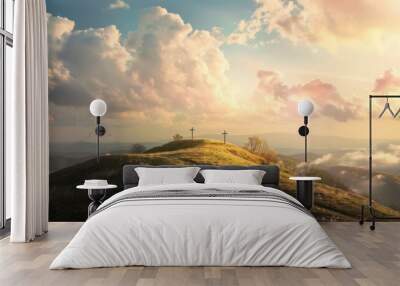 The Christianity themed on a background with dramatic at dawn, the spirit of preaching the Gospel throughout the world. A beautiful sea of ​​clouds, dark clouds and sky and sunbeams Wall mural