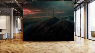 The Christianity themed on a background with dramatic at dawn, the spirit of preaching the Gospel throughout the world. A beautiful sea of ​​clouds, dark clouds and sky and sunbeams Wall mural