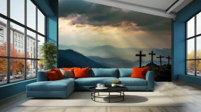 The Christianity themed on a background with dramatic at dawn, the spirit of preaching the Gospel throughout the world. A beautiful sea of ​​clouds, dark clouds and sky and sunbeams Wall mural