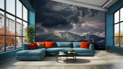 The Christianity themed on a background with dramatic at dawn, the spirit of preaching the Gospel throughout the world. A beautiful sea of ​​clouds, dark clouds and sky and sunbeams Wall mural