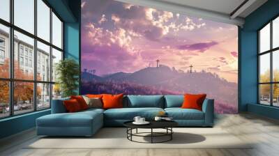 The Christianity themed with a dramatic beautiful of light vibrant background. Beautiful clouds, symbolizes humanity's hope for salvation Wall mural