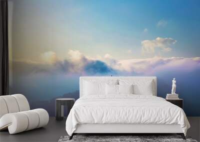 View of the Cross on the hill at dawn, with a beautiful sea of ​​clouds Wall mural