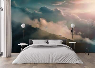 View of the Cross on the hill at sunlight, with a beautiful sea of ​​clouds Wall mural