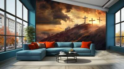 View of the Cross on the hill at sunlight, with a beautiful sea of ​​clouds Wall mural