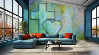 Cross with heart on a blue green textured background Wall mural