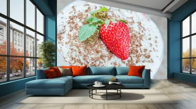 Ice cream with strawberry in glass. Summer and sweet menu concept. Close up. Wall mural