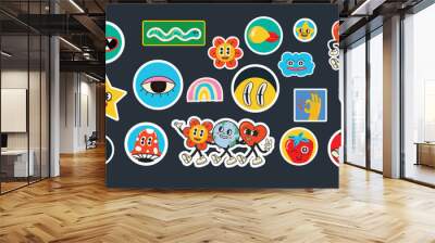 70's groovy illustrations for poster, sticker. Retro print with hippie cute crazy characters. Funky character concepts of crazy stars, dripping emoticon. Only good vibes sentence Wall mural