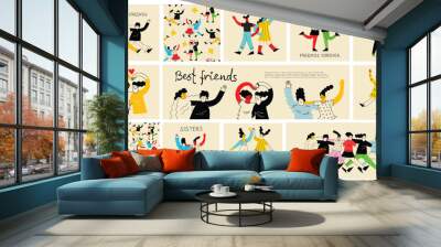 Best friends concept illustration. Vector illustration of multicultural girls and multicultural friendship. Happy friendship day. Teenage girl friends hugging and having fun. Wall mural