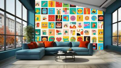 Big Set of Different colored Vector illustartions for posters in Cartoon Flat design. Hand drawn Abstract shapes, faces, different texture, greek elements, funny Comic characters. Wall mural