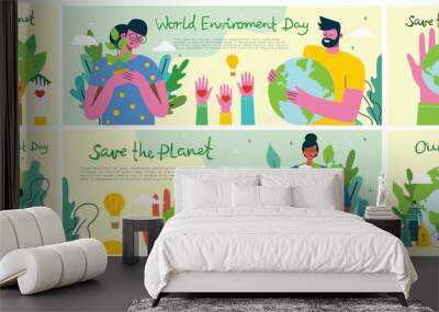 Big set of world environment day posters with people holding earth globe. Protect environment green eco concept. Green and peaceful illustration in modern flat style. Wall mural