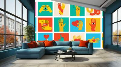 Cartoon hands abstract drawn comic. Set of Hand multicolored different signs and symbols. Drawing style Sticker decals. Retro Y2K. Vector illustration Wall mural