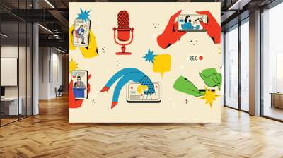 Concept of watching podcast, video online, talk show, tv application, live streaming. Hand holding smartphone with man with microphone on screen. Vector illustration in flat style Wall mural