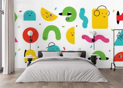 Cute cartoon geometric figures with different face emotions, funny poster idea for kids. Colorful characters with textures, trendy vector illustrations, basic various figures Wall mural