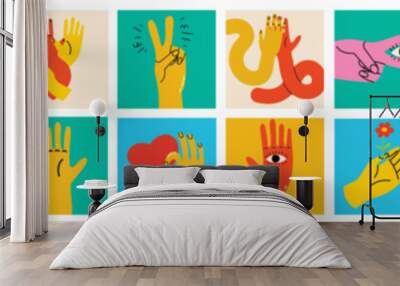 Groovy hippie set of colorful hands with different gestures. Hands with heart, eyes, together hands and etc. Hand drawn vector illustration. Wall mural